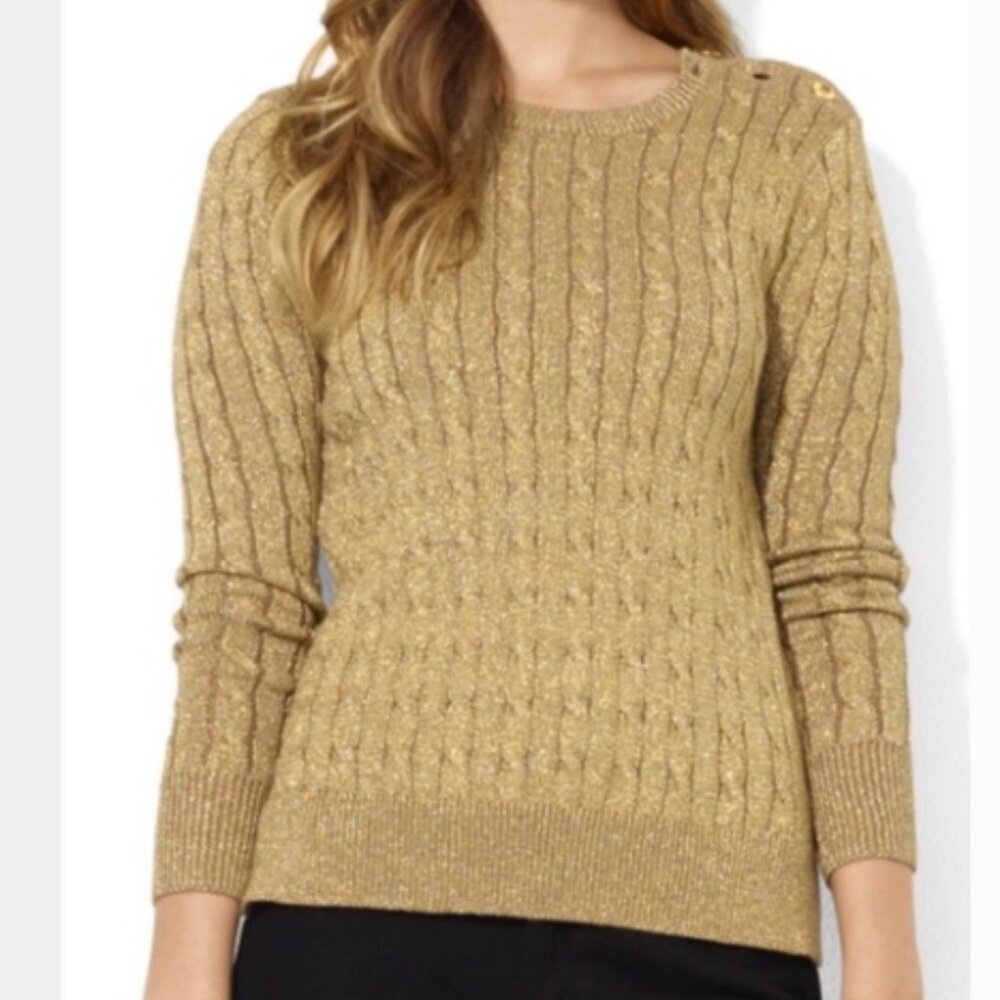 Lauren Ralph Lauren Metallic Gold Cable Crewneck Sweater with Shoulder Buttons